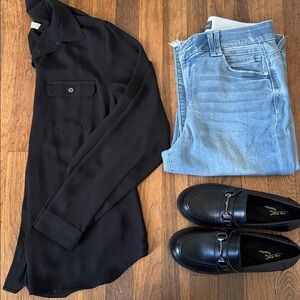🐝 Loft black silky oversized button down shirt. Size S.